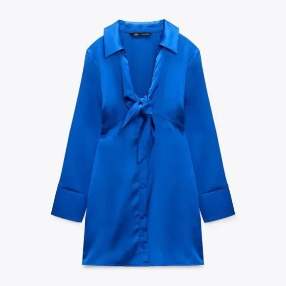 Zara Blue Mini Dress Long Sleeve Notched Collar - Picture 3 of 8